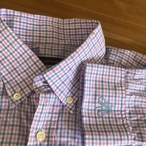 Turtleson Shirt Mens Large Pink Blue Gingham Button  Long Sleeve RR Embroidery